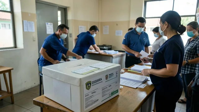 Imagem gerada por IA: Urna eletrônica em uma seção eleitoral após o primeiro turno, com materiais de votação ao fundo.
