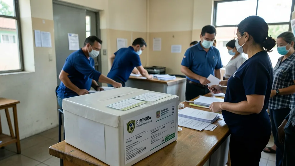 Imagem gerada por IA: Urna eletrônica em uma seção eleitoral após o primeiro turno, com materiais de votação ao fundo.
