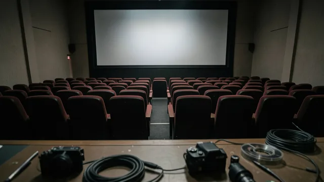Imagem gerada por IA: Sala de cinema vazia com uma câmera e cabos de produção audiovisual em primeiro plano.