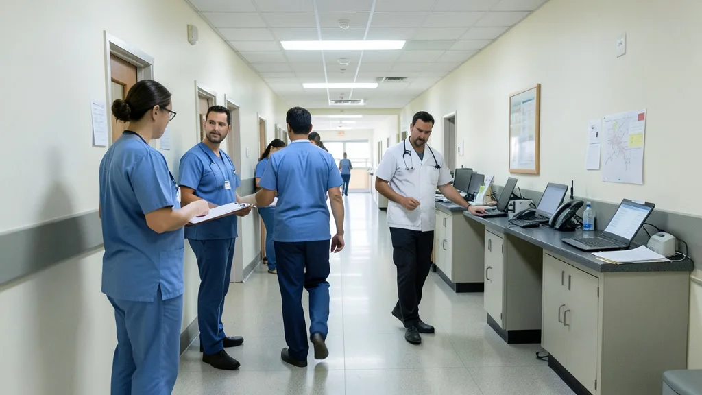 Imagem gerada por IA: Profissionais de saúde em um corredor de hospital durante a troca de turno.
