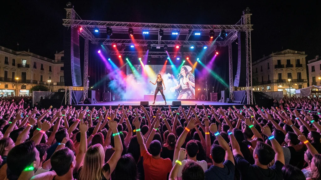 Imagem gerada por IA: Shakira se apresenta em um grande palco diante de uma plateia com pulseiras luminosas.