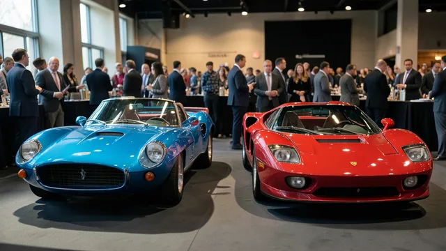 Imagem gerada por IA: Um Shelby Cobra Daytona Coupe azul e um McLaren F1 GTR expostos em um evento de carros clássicos.