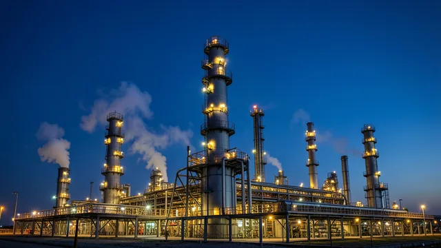 Imagem gerada por IA: Refinaria de petróleo iluminada ao entardecer, com torres e tubulações em operação.