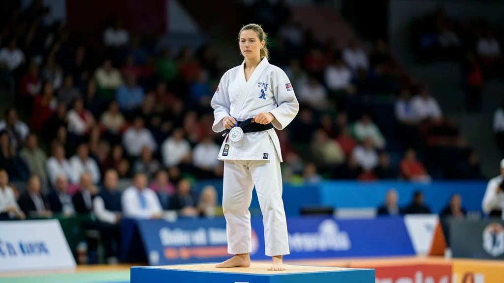 Imagem gerada por IA: Judoca com quimono branco segura uma medalha de prata no pódio.