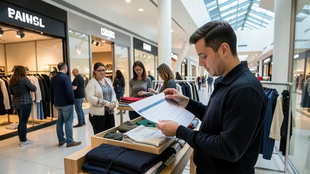 Imagem gerada por IA: Funcionários em uma loja de shopping organizam produtos enquanto um gerente analisa uma escala de trabalho.