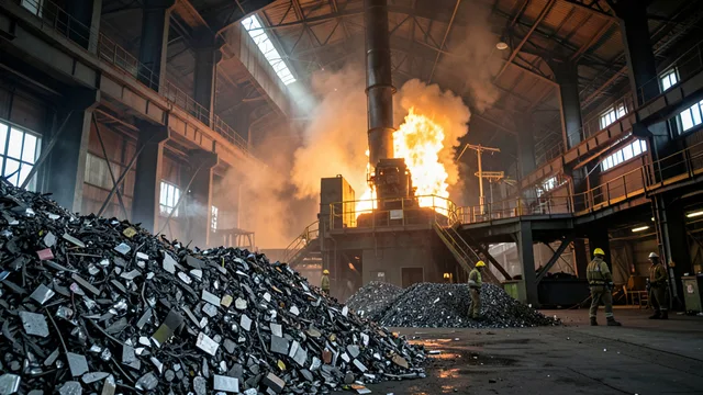 Imagem gerada por IA: Sucata metálica diante de um forno elétrico em uma usina siderúrgica.