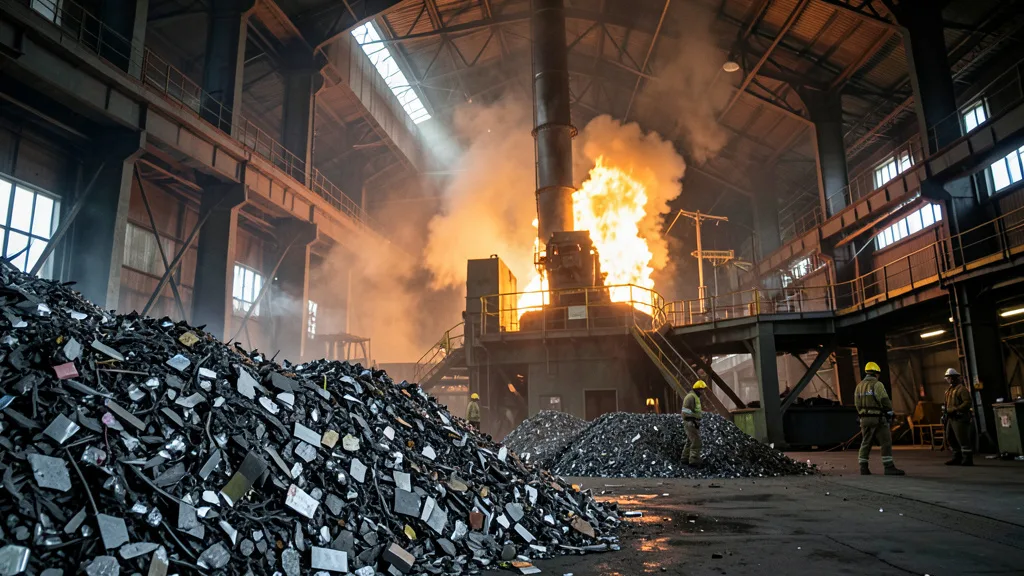 Imagem gerada por IA: Sucata metálica diante de um forno elétrico em uma usina siderúrgica.