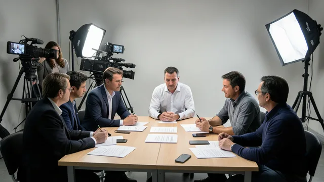 Imagem gerada por IA: Equipe de campanha conversa em um estúdio com câmeras e equipamentos de gravação.
