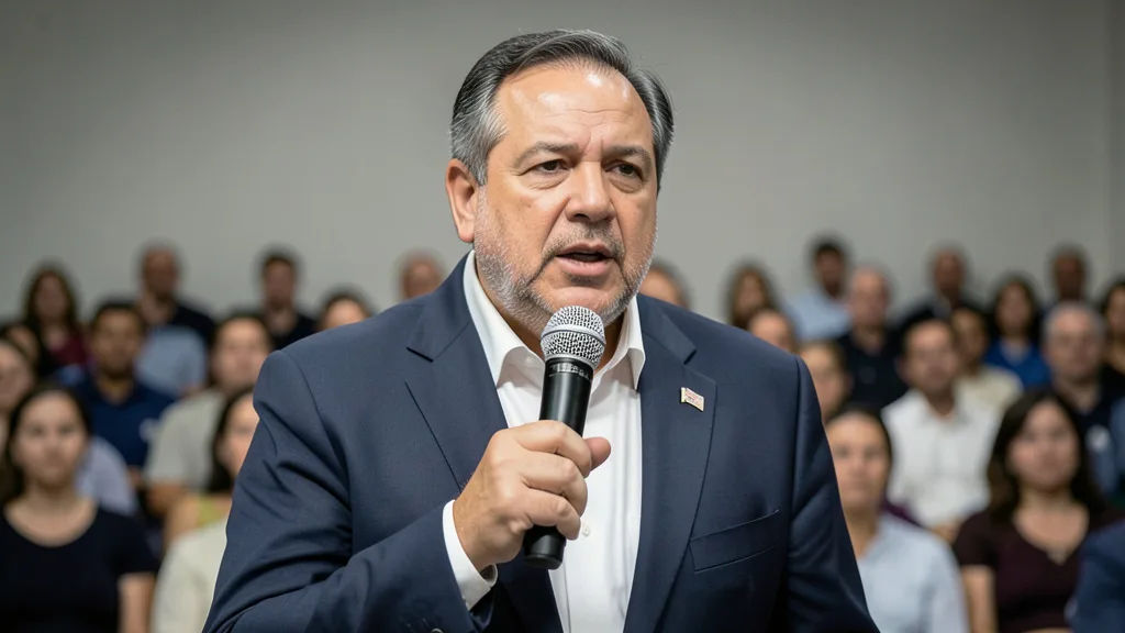 Imagem gerada por IA: Silas Malafaia fala ao microfone em um evento público.