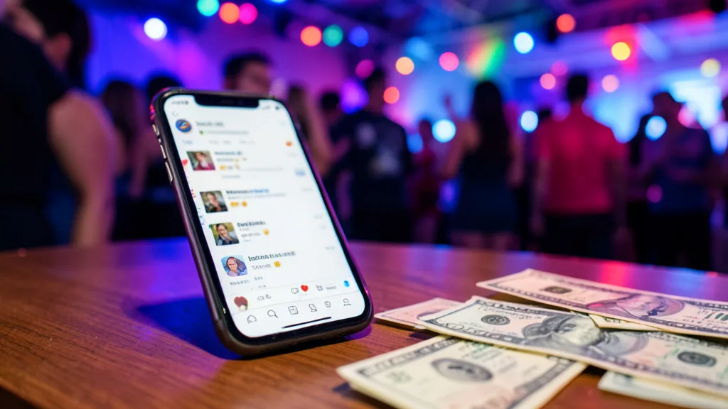 Imagem gerada por IA: Notas de dólar ao lado de um celular em uma festa com luzes coloridas ao fundo.