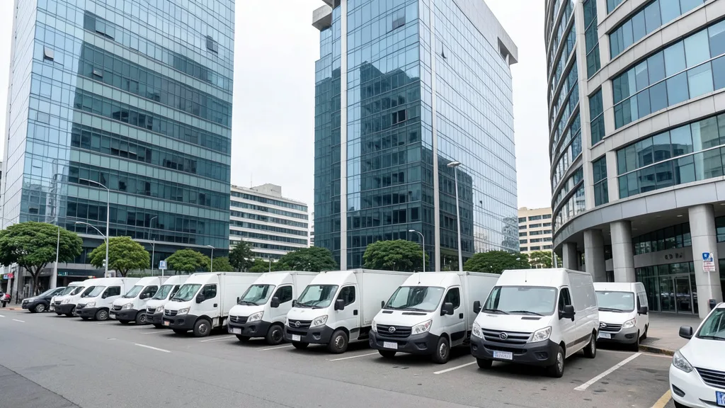 Edifícios corporativos e veículos estacionados representam empresas de mobilidade e logística.
