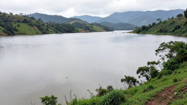Reservatório do Sistema Cantareira com água acumulada e vegetação nas margens após as chuvas.