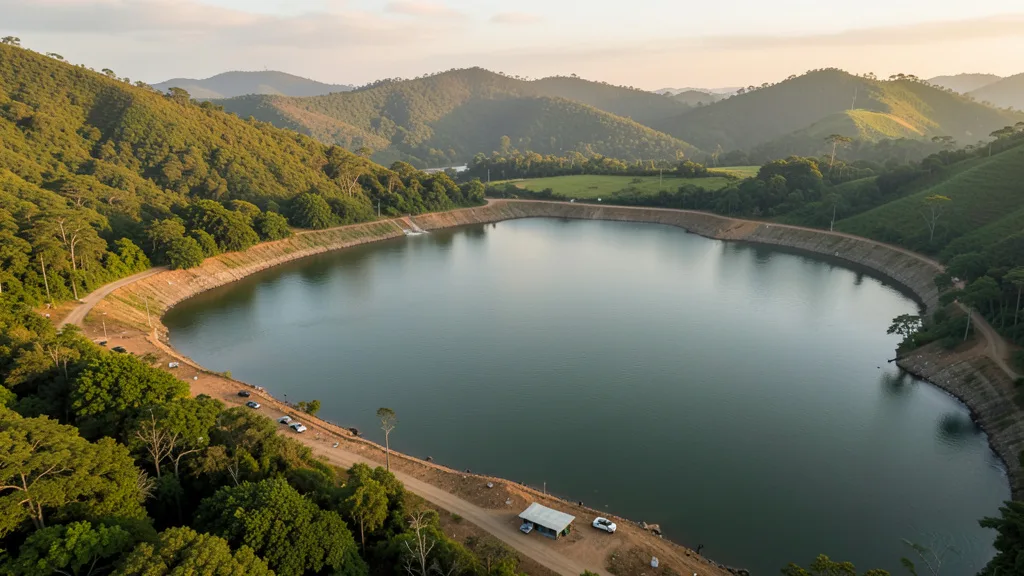 Imagem gerada por IA: Vista aérea de um reservatório do Sistema Cantareira cercado por morros verdes.