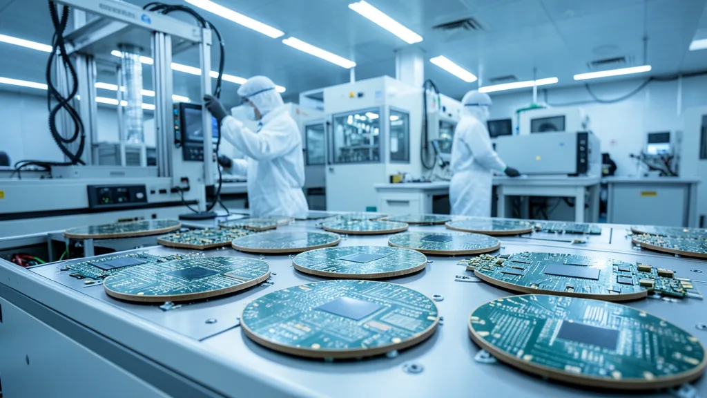 Imagem gerada por IA: Chips de memória em uma fábrica de semicondutores, com um técnico ao fundo.