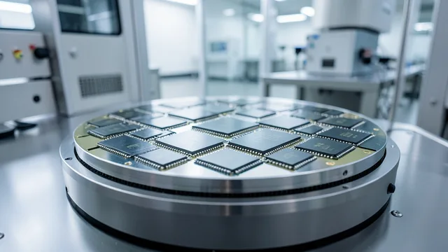 Imagem gerada por IA: Chips de memória em uma placa de silício dentro de uma fábrica de semicondutores.
