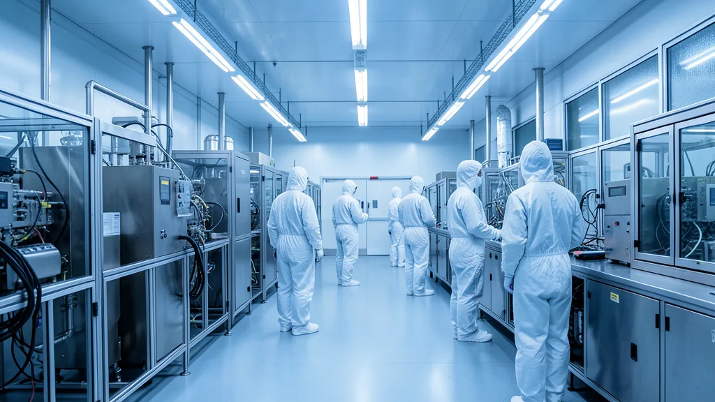 Imagem gerada por IA: Interior de uma fábrica de semicondutores com máquinas de produção e técnicos em roupas de sala limpa.