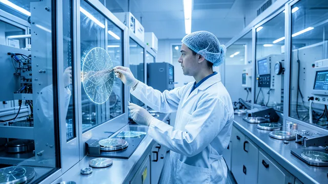 Imagem gerada por IA: Engenheiro observa uma lâmina de silício em uma fábrica de semicondutores.