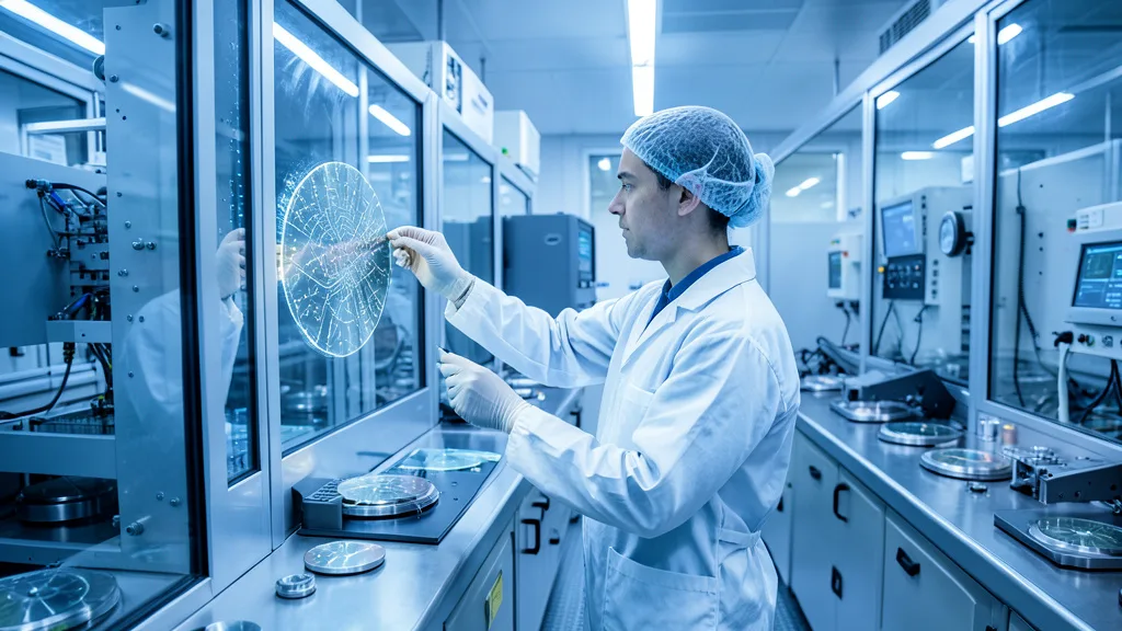 Imagem gerada por IA: Engenheiro observa uma lâmina de silício em uma fábrica de semicondutores.