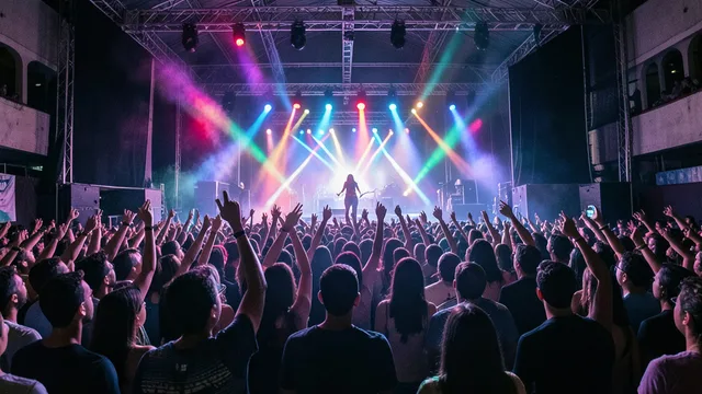 Imagem gerada por IA: Público lota uma casa de shows durante apresentação pop em São Paulo.