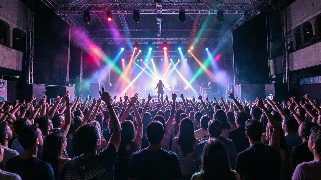 Imagem gerada por IA: Público lota uma casa de shows durante apresentação pop em São Paulo.