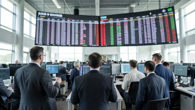 Imagem gerada por IA: Investidores acompanham as negociações em um ambiente de bolsa de valores.