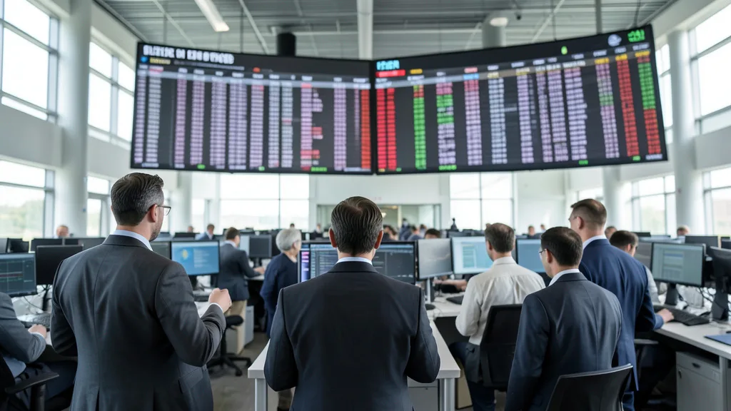 Imagem gerada por IA: Investidores acompanham as negociações em um ambiente de bolsa de valores.
