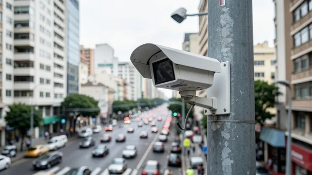 Imagem gerada por IA: Câmera de monitoramento instalada em uma rua movimentada de São Paulo.