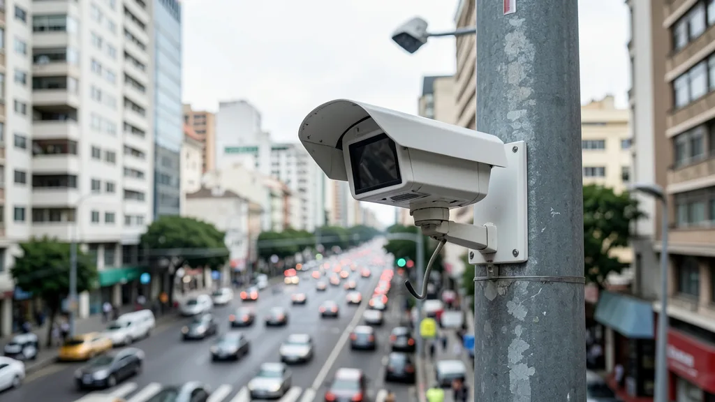 Imagem gerada por IA: Câmera de monitoramento instalada em uma rua movimentada de São Paulo.