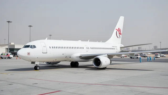 Aeronave comercial parada em um aeroporto saudita, com veículos de emergência ao fundo.