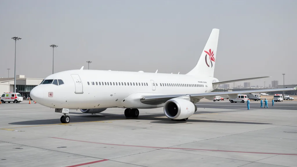 Aeronave comercial parada em um aeroporto saudita, com veículos de emergência ao fundo.