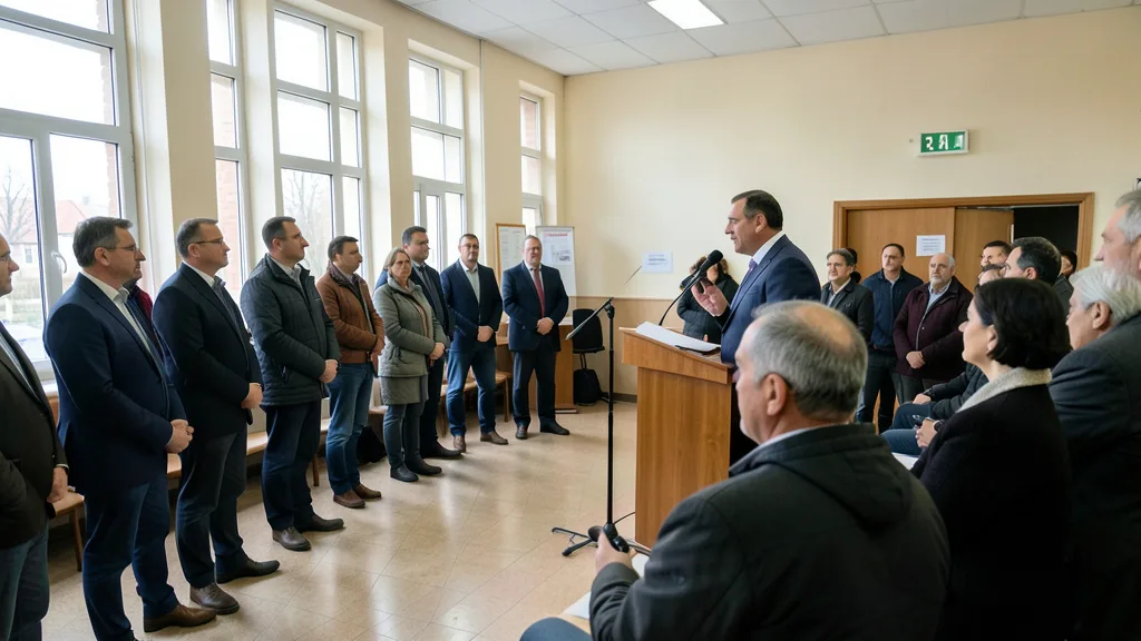 Imagem gerada por IA: Apoiadores acompanham um discurso em um salão durante a noite eleitoral em Banja Luka.