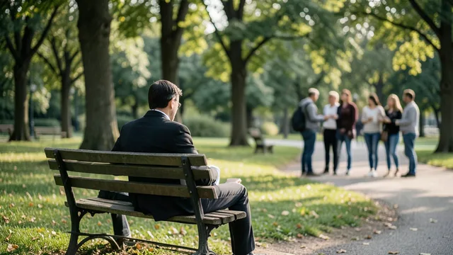 Imagem gerada por IA: Pessoa sentada sozinha em um banco de parque, enquanto grupos conversam ao fundo.