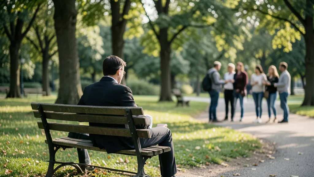 Imagem gerada por IA: Pessoa sentada sozinha em um banco de parque, enquanto grupos conversam ao fundo.
