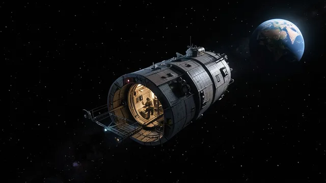 Imagem gerada por IA: Nave espacial em rotação no espaço, com a Terra ao fundo.
