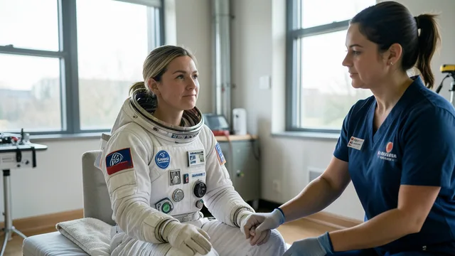 Imagem gerada por IA: Astronauta em recuperação física em um centro de treinamento, acompanhada por uma profissional de saúde.
