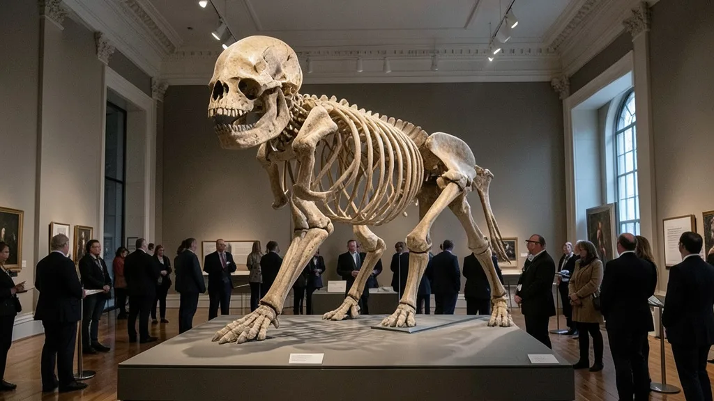 Imagem gerada por IA: Esqueleto de Nanotyrannus exposto em uma galeria de leilões.