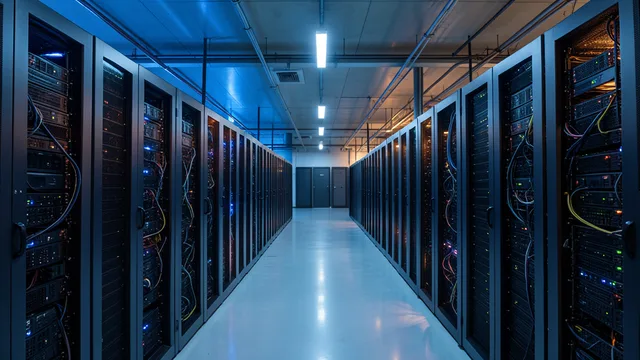 Imagem gerada por IA: Fileiras de servidores em um centro de dados usado para computação de inteligência artificial.