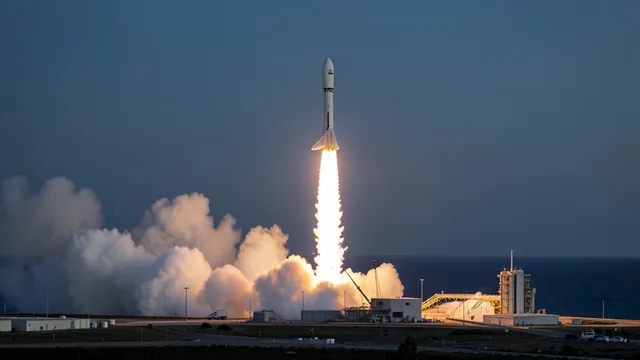 Foguete Falcon 9 decola de Cabo Canaveral, cercado por chamas e nuvens de vapor.