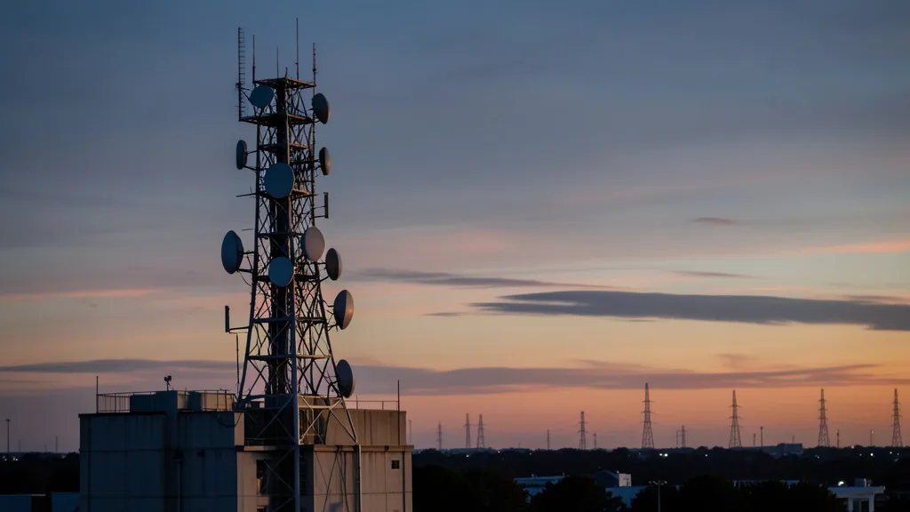 Imagem gerada por IA: Torre de telefonia com antenas e equipamentos de comunicação ao entardecer.