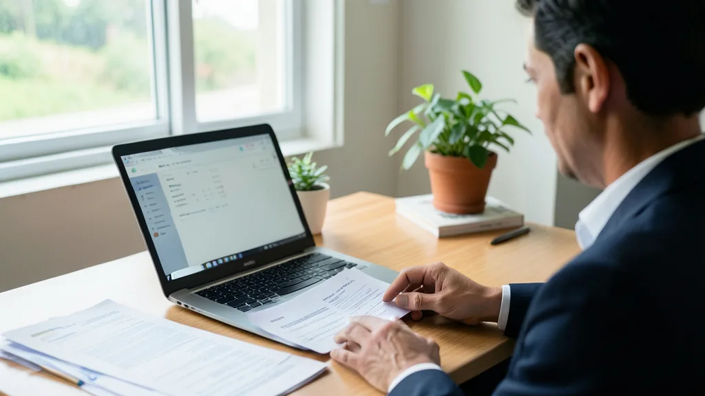 Imagem gerada por IA: Empresário confere documentos e registros financeiros em um computador.