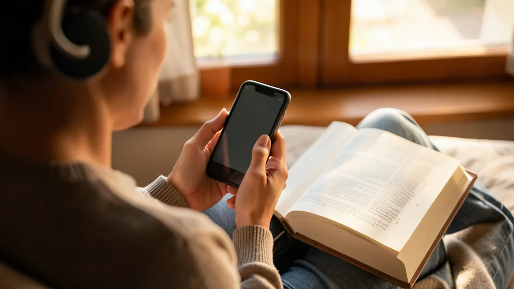 Imagem gerada por IA: Pessoa ouve um audiolivro no celular ao lado de um livro impresso.