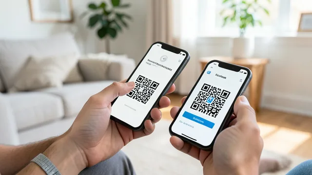 Imagem gerada por IA: Pessoa escaneia com o celular um QR Code exibido na tela de outro aparelho em casa.