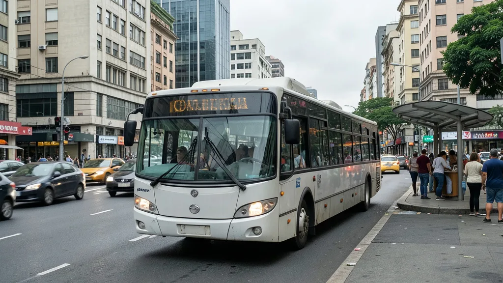 Imagem gerada por IA: Ônibus circula em uma rua movimentada de São Paulo.