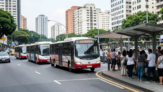 Imagem gerada por IA: Ônibus municipais circulam por uma avenida movimentada de São Paulo.