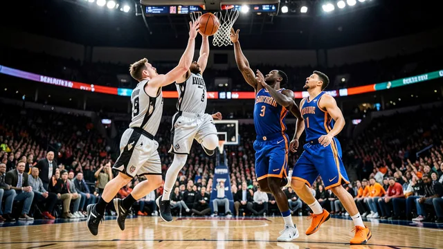 Imagem gerada por IA: Jogadores disputam um rebote durante uma partida de basquete em uma arena lotada.