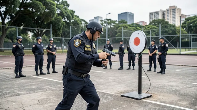 Imagem gerada por IA: Policial demonstra equipamento de incapacitação neuromuscular durante treinamento.
