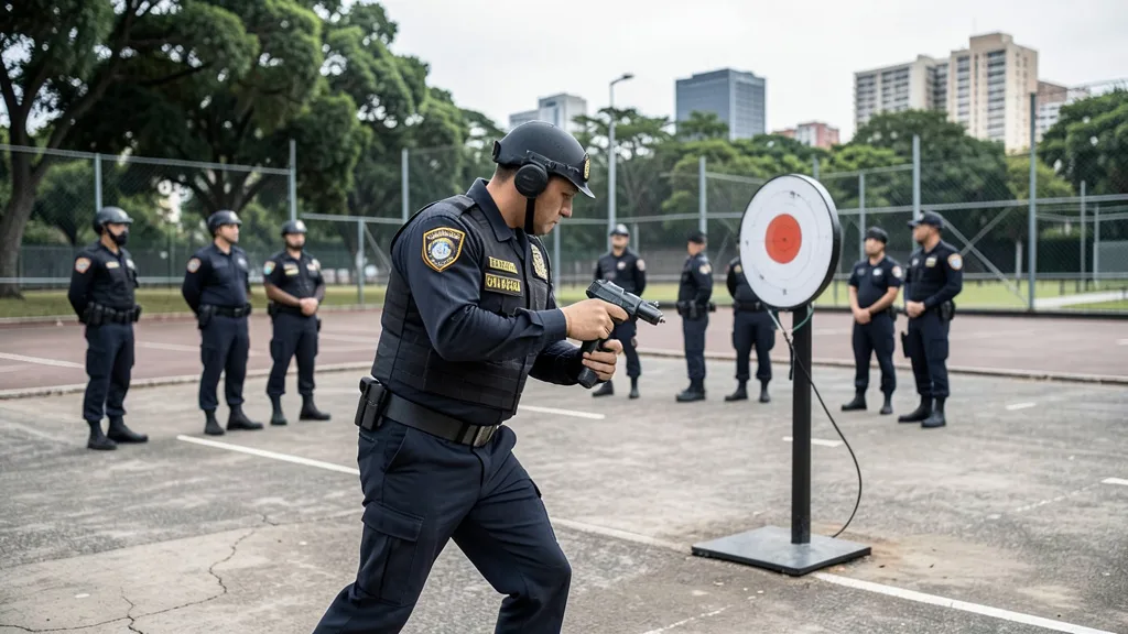 Imagem gerada por IA: Policial demonstra equipamento de incapacitação neuromuscular durante treinamento.