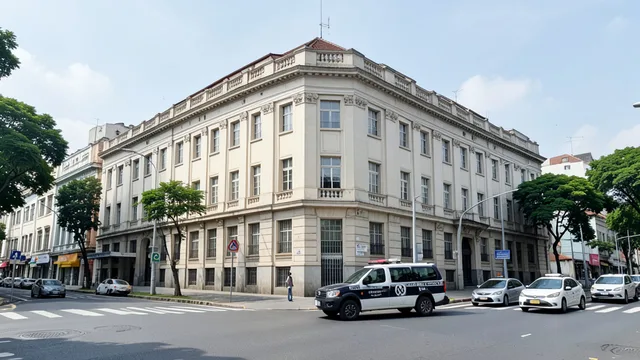 Imagem gerada por IA: Prédio público em São Paulo com uma viatura policial estacionada nas proximidades.