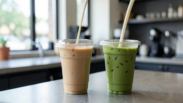 Imagem gerada por IA: Bebidas geladas de café e matcha com leite sobre o balcão de uma cafeteria.