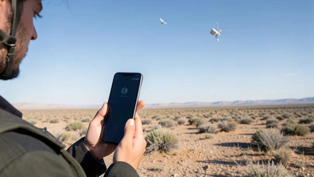 Imagem gerada por IA: Pessoa usa um celular em uma área aberta, com um satélite visível no céu.